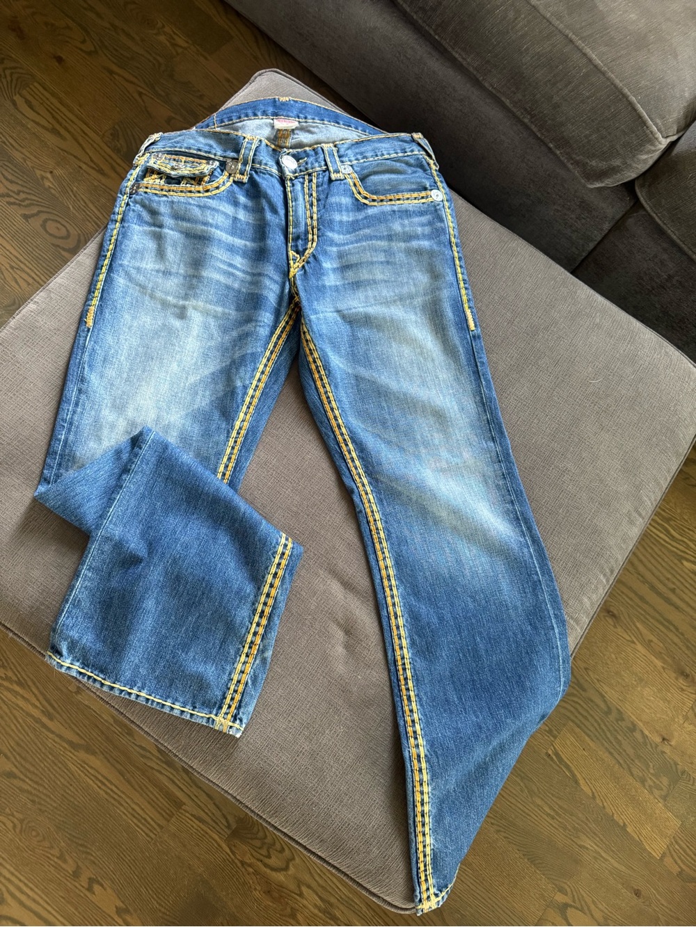 True Religion RICKY SUPER QT Blue Bootcut Jeans with Yellow Stitching RARE